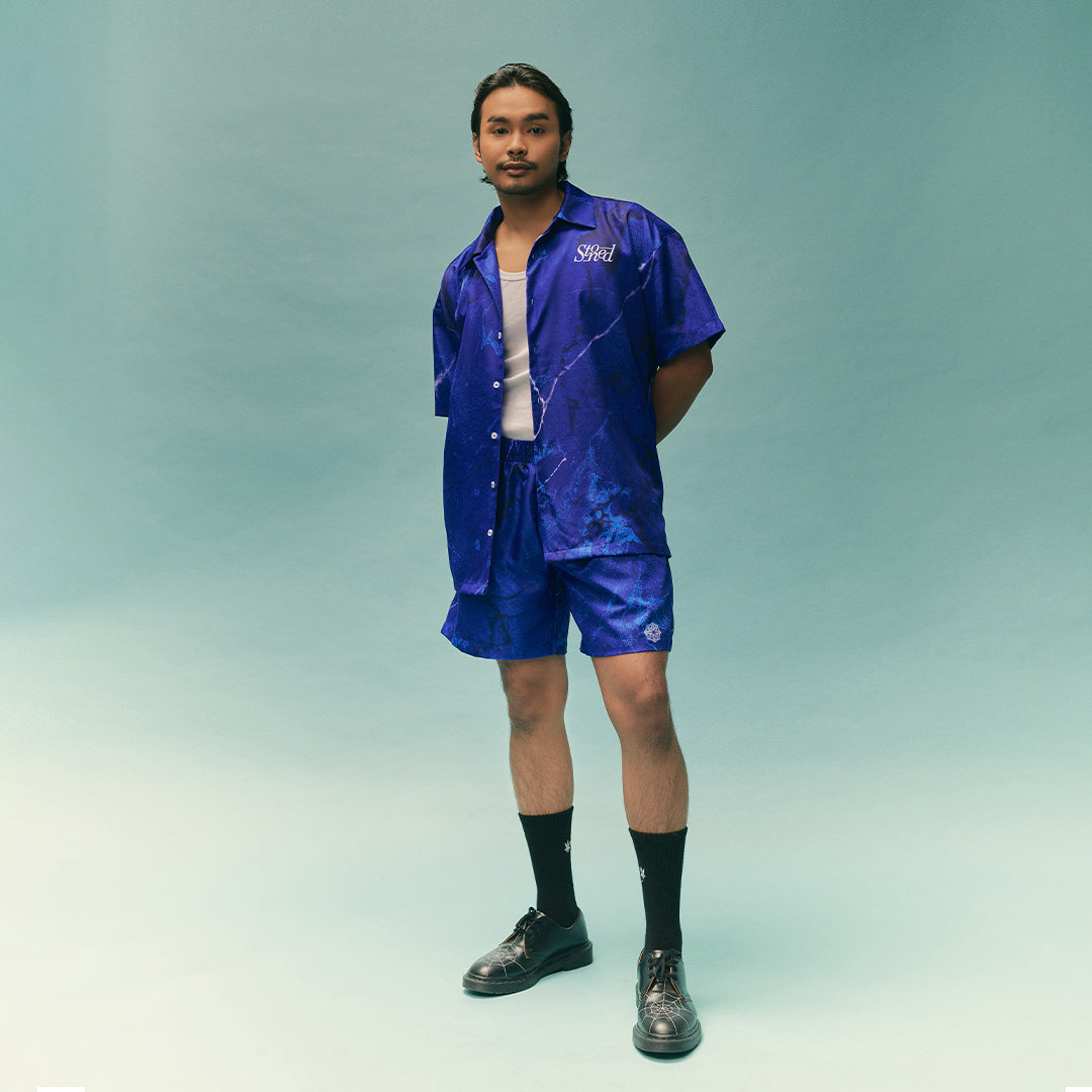กางเกงขาสั้นลายหินอ่อน สีฟ้า | Stoned Blessed : Marble Shorts Blue