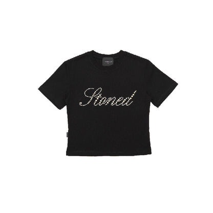 เสื้อครอปประดับมุก | Blessed26 : Cursive Pearl Crop Top Black