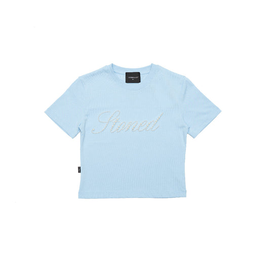 Blessed26 : Cursive Pearl Crop Top Baby Blue