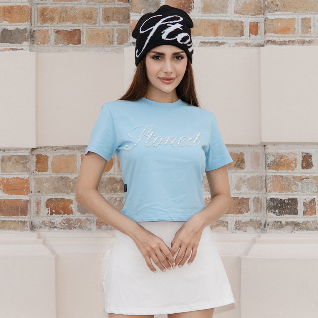 เสื้อครอปประดับมุก | Blessed26 : Cursive Pearl Crop Top Baby Blue