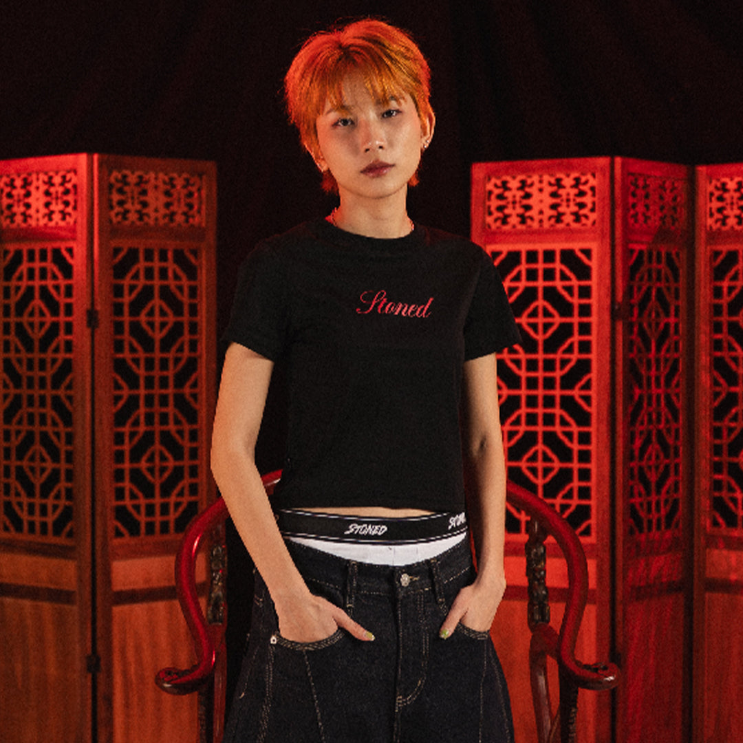 Dark Horse : Cursive Logo Crop Top Black